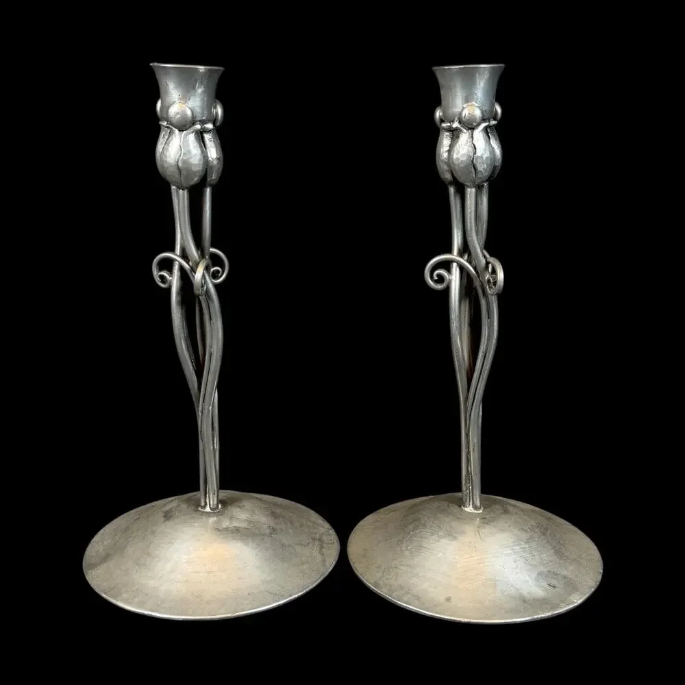 LOT OF 2 SERGE NEKRASSOFF SIGNED PAIR OF PEWTER CANDLE HOLDERS vintage 9